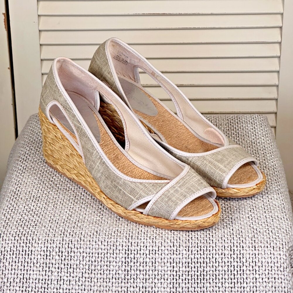 Donald J Pliner Coraa Taupe Linen Peep Toe Rafia Wedge Espadrille Sandal Sz 7.5‎